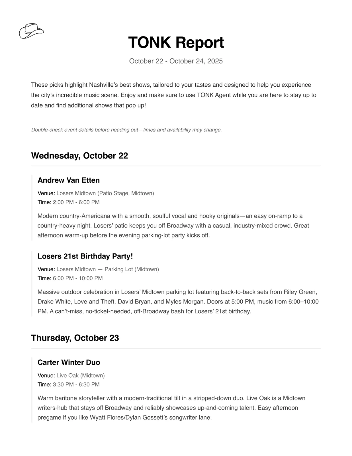 Tonk Report showing curated Nashville shows for a trip