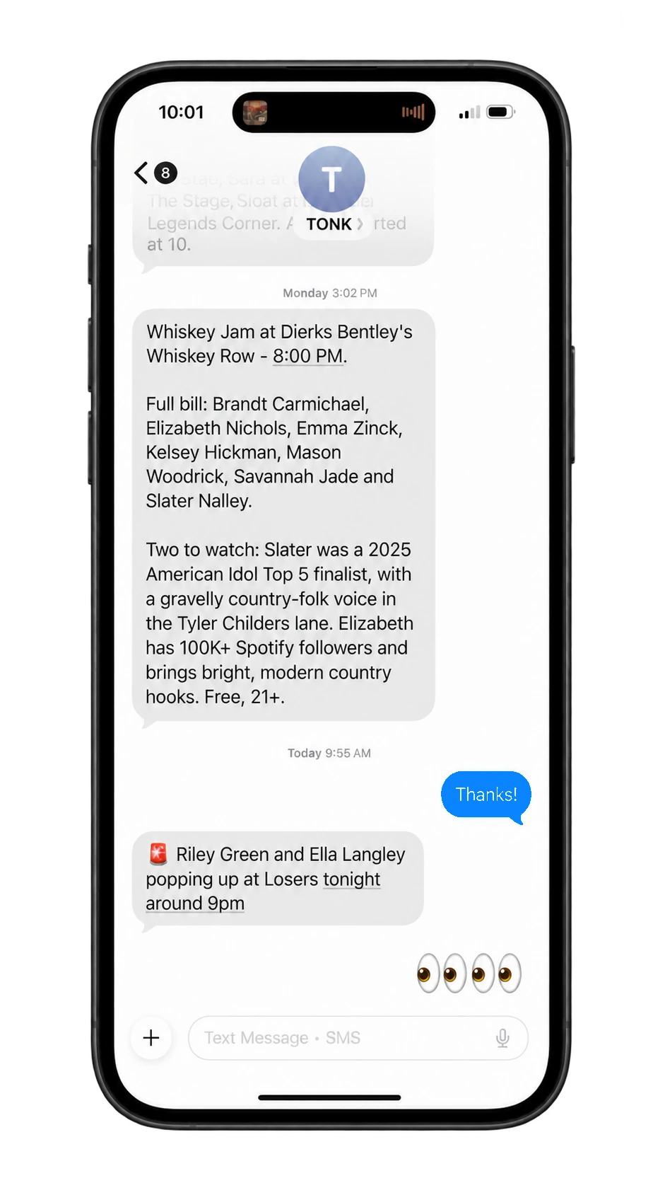 Text messages from Tonk recommending Whiskey Jam and alerting about a Riley Green and Ella Langley pop-up at Losers